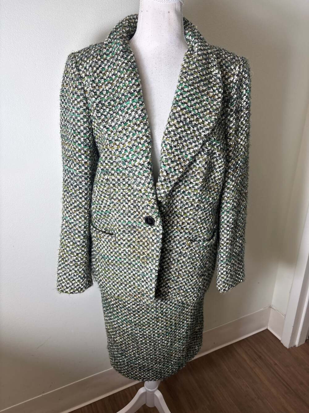 Lafayette 148 Green Tweed Long Sleeve ONe Button Blazer and Skirt Set Sz 14